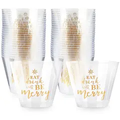 Sparkle and Bash 50 Pack Christmas Clear Plastic Cups - Eat, Drink and Be Merry, 9 oz Plastic Cups, Xmas Drinkware for Winter Holiday Season Party, Family Gatherings Multicolor