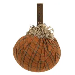 Orange Fabric Plaid Mossy Pumpkin with Wooden Stem and Moss Accents