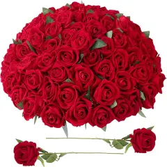 90 Pcs Red Velvet Rose Artificial Flowers Bouquet