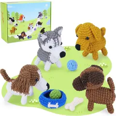 Crochet Kit, 9pcs Crochet Kit for Beginners w Step-by-Step Video Tutorials, Learn to Crochet Kits for Adults Kids, DIY Knitting Supplies-Husky, Golden Retriever, Springer Spaniel, Pug