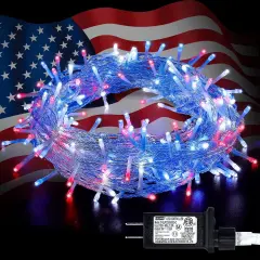 Red White and Blue Lights Clear Wire, 33 Ft 100 LED 4th of July Decorations String Lights Plug in, Waterproof Christmas Light for Independence Day Patriotic Memorial Day Indoor Outdoor Decor