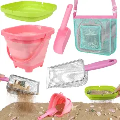 Summer Beach Toys, Sand Toys with Collapsible Beach Bucket, Beach Mesh Shovel, Sand Sifter and Mesh Bag for Shell Collecting, Shark Tooth Sifter Sand Dipper Beach Scoop for Kids Adults Boys Girls
