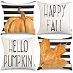 Stripes Pumpkin Maple Leaf Happy Fall Outdoor Pillows