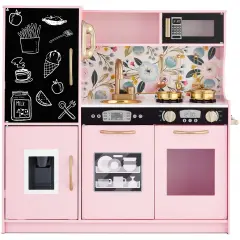 Best Choice Products Pretend Play Kitchen Wooden Toy Set for Kids w/ Telephone, Utensils, Oven, Microwave Pink Floral