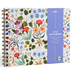 eeBoo Piece & Love: Artist Sketchbook - Flora's - 80 Pages, 9.5 x 7.5" Hardcover Spiral Book, 160 GSM, 108 LBS Drawing Paper, Cream w/ Flowers Cover