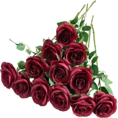 12pcs Roses Artificial Flowers Fake Roses Burgundy Silk Roses Wine Red Silk Flowers Rose with Long Stems