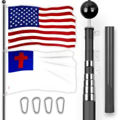 G128 Combo Pack: 20 Ft Telescoping Aluminum Flagpole (Black) & American and Christian Flags 3x5 Ft, Both ToughWeave Series Embroidered Polyester | Pole with Flags Included