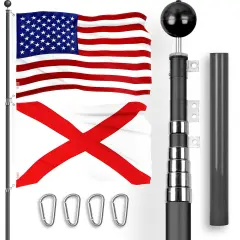 G128 Combo Pack: 25 Ft Telescoping Aluminum Flagpole (Black) & American and Alabama Flags 3x5 Ft, Both ToughWeave Series Embroidered Polyester | Pole with Flags Included