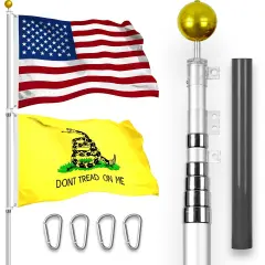 G128 Combo Pack: 25 Ft Telescoping Aluminum Flagpole (Silver) & American and Gadsden Flags 3x5 Ft, Both StormFlyer Series Embroidered 220GSM Spun Polyester | Pole with Flags Included