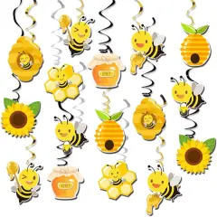 Honey Bumble Bee Hanging Swirl Decorations, 32PCS Bee Party Hanging Swirls Foil Ceiling Streamers for Honey Bee Themed Kids Birthday Party Baby Shower Gender Reveal Bridal Shower Supplies
