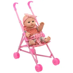 Little Darlings: Out For A Stroll - Flamingo Jumper Pink & Blue Outfit - 12" Baby Doll & Foldable Cupcake Pattern Toy Stroller, Soft Body, Kids Age 3+