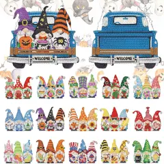 16PCS Interchangeable Diamond Painting Welcome Sign for Front Door Holiday Gnome Decor Blue Truck Hanging Sign Diamond Art Painting Kits for Adults Interchangeable Seasonal Decor for Home Wall