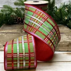 4" Faux Dupion Plaid Glitter Ribbon: Green, Pink & Red (5 Yards)