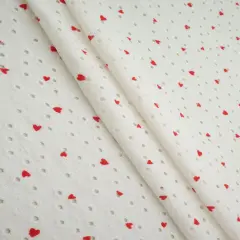 1 Yard Ivory & Red Knit Jacquard Eyelet Heart Print Fabric Stretch Polyester Spandex 58/60 Inches Wide