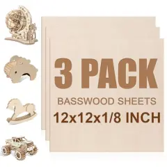 3 Pack Basswood Sheets 1/8"x12"x12", 3mm Basswood for Laser Cutting and Engraving,Thin Plywood Board Unfinished Wood for Crafts, DIY Ornaments and Architectural Model, Wood Burning.