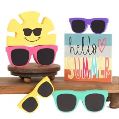Summer Decor - 6 PCS Rustic Summer Tiered Tray Decor - Hello Summer Sunglasses Sunshine Wood Decorations - Luau Party Decorations
