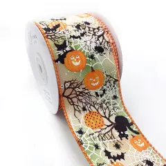 Designer&rsquo;s Shop WR 63-5208 Halloween Night Scene Wired Ribbon &ndash; Pumpkins, Bats & Cobwebs &ndash; 2.5&rdquo; x 10yd