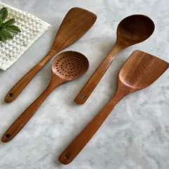 Teak Wooden Kitchen Utensil Set &ndash; 4-Piece Handcrafted Cooking Tools