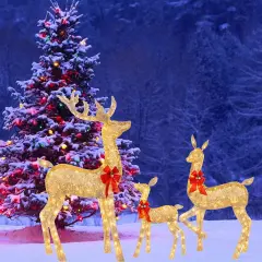Elegant Champagne Rattan Deer Trio for Holiday Lawn and Entryway Displays 63" + 52" + 37"
