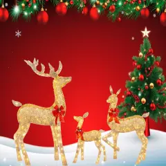 Twisted Champagne Rattan Reindeer Family for Indoor and Outdoor Holiday Use 63" + 52" + 37"