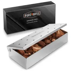 Pure Grill BBQ Smoker Box - Heavy Duty&nbsp;Stainless Steel&nbsp;with Hinged Lid for Wood Chips - Barbecue&nbsp;Meat Smoking for Charcoal and Gas Grills