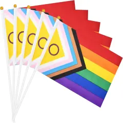 20 Pieces 5 x 8 Inches Small Intersex Inclusive Progress Pride Flag Sticks - Handheld Progress Pride Flags, Mini LGBTQ Rainbow Gay Flag for Outdoor LGBT Parades, Rainbow Pride Month Party Decorations