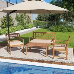 Costway 4 PCS Wood Patio Furniture Set with Soft Seat Cushions Solid Acacia Wood Frame Off White/Gray