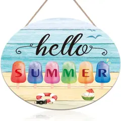 Hello Summer Front Door Sign Hanger(12"x12"), Summer Themed Wooden Door Decoration Hanging with Beach Popsicle Ice Cream, Round Welcome Summer Sign Decoration for Home Front Door Outdoor