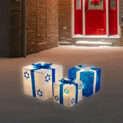 Northlight 3pc White and Blue Shimmering Lighted Hanukkah Gift Box 12"