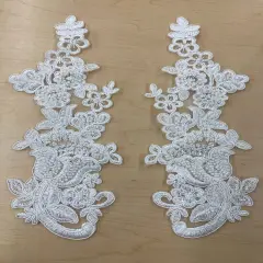 1 Pair 10" x 3.5" Each Side Beaded & Corded Floral Lace Applique100% Polyester Net Mesh Ivory