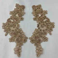 1 Pair 9" x 3" Each Side Beaded & Corded Floral Lace Applique Organza Rose Gold