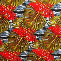 1 Yard All Over Monstera Leaf Rayon Poplin Fabric 36in L x 45in W Grey/ Olive/ Red