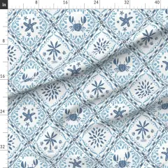 Various Fabrics by the Yard or Fat Quarter Faux Tile Patchwork Coastal Beach House Starfish Marine Life Preppy Palm Tree Seashells Ocean Under The Sea Grandmother Blue And White Mosaic Custom Printed Fabric by Spoonflower