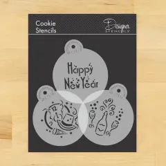 Happy New Year Cookie Stencil | C751 by Designer Stencils | Cookie Decorating Tools | Baking Stencils for Royal Icing, Airbrush, Dusting Powder | Reusable Plastic Food Grade Stencil for Cookies | Easy to Use & Clean Cookie Stencil