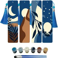 Paint by Numbers Kit for Adults, 4 Pack Wood Bookmarks Moon Paint by Numbers for Book Lovers, DIY Mountain Painting by Number Bookmarks with Tassel