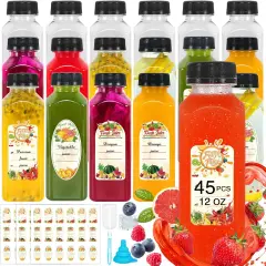 Plastic Juice Bottles with Caps 12 OZ, 45 Pcs