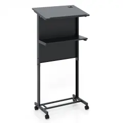 3-Position Black Height Adjustable Lectern Table with Tilted Tabletop and Built-In Cable Hole