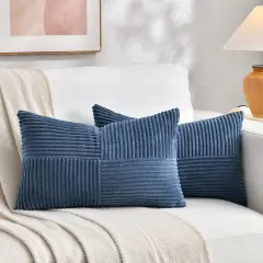 Fancy Homi 2 Packs Dusty Blue Lumbar Decorative Throw Pillow Covers 12x20 Inch for Couch Bed Sofa, Rustic Farmhouse Boho Home Decor, Soft Striped Corduroy Rectangle Accent Cushion Case 30x50 cm