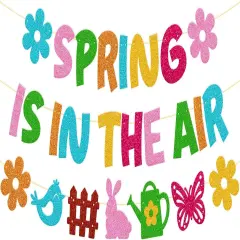 Spring is in The Air Banner Hello Spring Party Decorations Flower Bunny Bird Butterfly Sign Garland for Welcome Spring Happy Easter Festival Colorful Glitter Party Supplies
