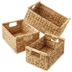 3-Piece Hyacinth Rectangular Storage Basket Set w/ Wood Handles, Natural Wicker