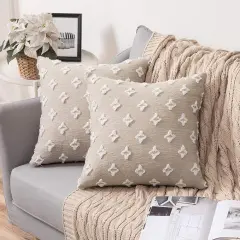 Set of 2 Decorative Throw Pillow Covers Rhombic Jacquard Pillowcase Soft Square Cushion Case for Couch Sofa Bed Bedroom Living Room, 18x18 Inch, Beige