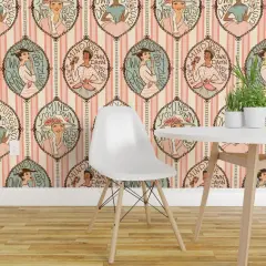 Pre-Pasted Wallpaper 2FT Wide Retro Vintage Feminist Conversational Granny Chic Stripes 50S Feminism Cottagecore Grandmillennial Fashion Illustration Women Pink Blue Hat Custom Pre-pasted Wallpaper by Spoonflower
