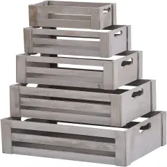 Set of 5 Vintage Rustic White Grey Wood Decorative Nesting Storage Crates with Open Handles - Multipurpose Wood Crafted Boxes/Bathroom Kitchen,Laundry Crates/Fruits & Vegetables Boxes
