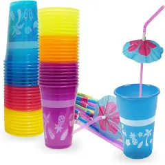 4E's Novelty 48 Pack Tropical Party Cups with Parasol Straws for Hawaiian Party Decor, Luau, Pool & Birthday Celebrations