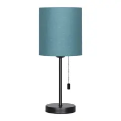 Black Modern Table Lamp, Simple With Blue Fabric Shade, Pull Chain Switch