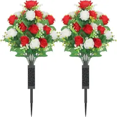 2 Sets Artificial Cemetery Flowers,Artificial Cemetery Flowers with Vase,Memorial Flowers,Artificial Rose Bouquet Graveyard Memorial Flowers for Graveyard Headstones Decoration(Red and White