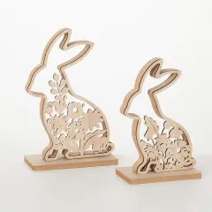 Laser Cut Wood Botanical Bunnies Figurines Set of 2, Easter Bunny Tabletop D&eacute;cor, Coffee Table D&eacute;cor, Rustic Farmouse Bookshelf Wood Shelf Mantel Fireplace Decorations, Spring Easter Decor