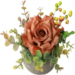 Small Artificial Flowers Potted Plant Fake Flower Realistic Silk Orange Rose and Greenery with Vase for Table Decor Centerpiece Bathroom Office Desk Shelves Room Decorations (R-Orange)