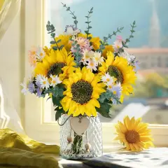 Sunflower Fake Flowers in Vase: Sunflowers Artificial Flowers with Vase for Table Centerpieces Decor - Silk Flower Bouquet Faux Arrangements Kitchen Bathroom Wedding Party Decoration
