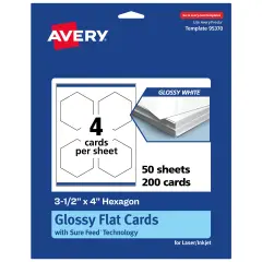 Avery Printable Hexagon Flat Cards, Sure Feed Technology, 3-1/2" x 4", Glossy White Cardstock, Print-to-The-Edge, Laser/Inkjet Printable, 100 Total